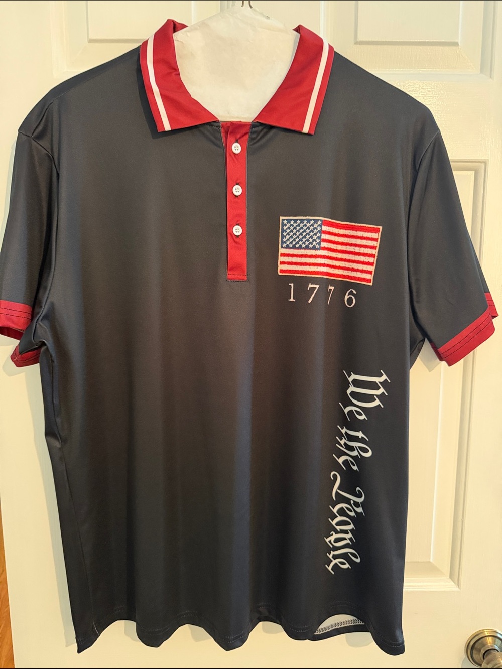 Men's Black Polo with Red Trim and Embroidered Flag - 1776 Detail